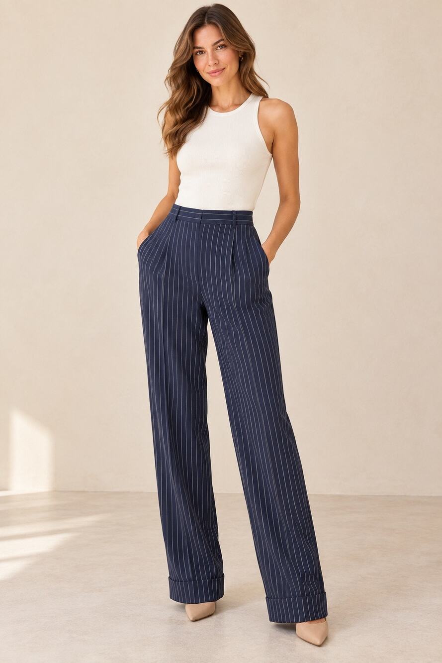 Vintage Lauren Ralph Lauren 100% Silk Navy Pinstripe Wide-Leg Pants Size 4